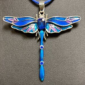 🌈 Sale! 🌈 NEW Blue & teal enamel dragonfly necklace with blue woven neck cord
